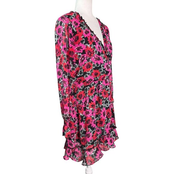 H&M Divided Red Fuchsia Pink Black Floral Faux Wrap Long Sleeve Dress Size M - Picture 5 of 10